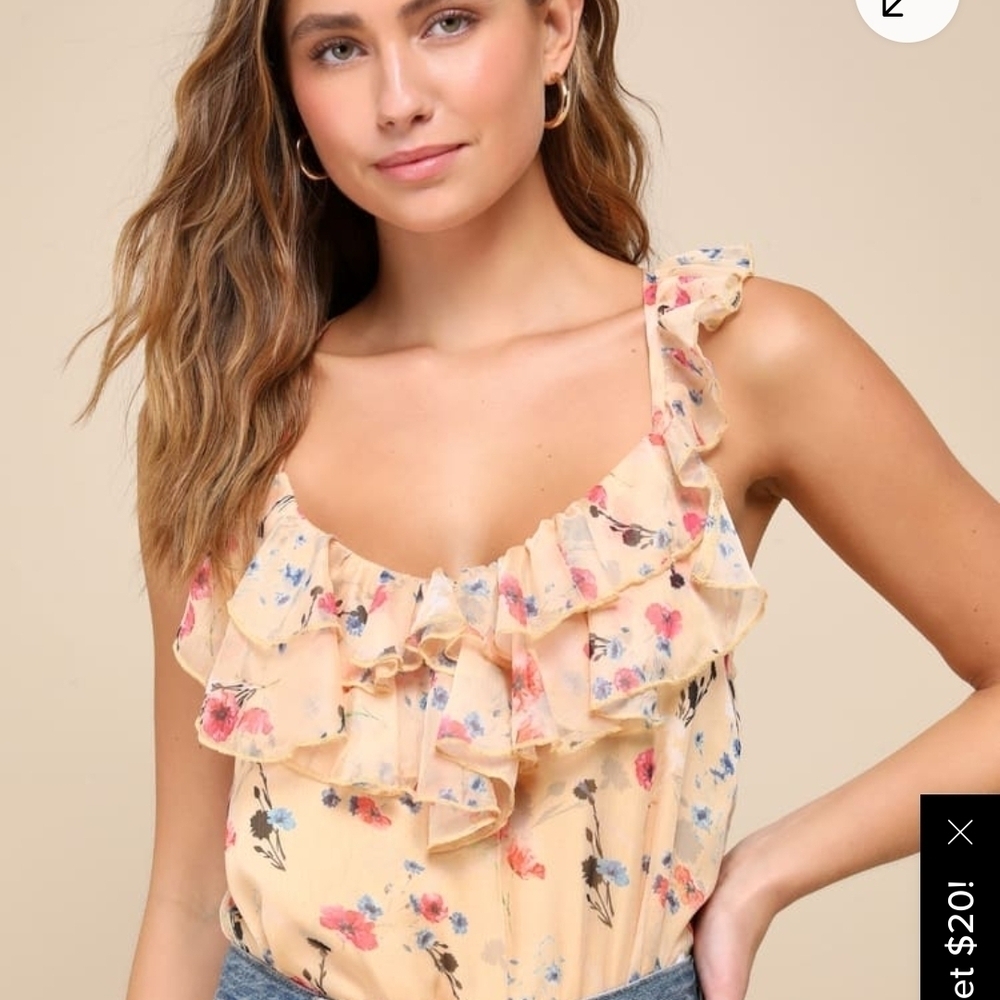 NWT Lulu's Perfect Chance Yellow Floral Print Chiffon Ruffled Bodysuit Medium